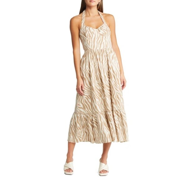 Bardot Nala Linen Blend Midi Dress - Beige Tiger L/8 - Picture 1 of 9